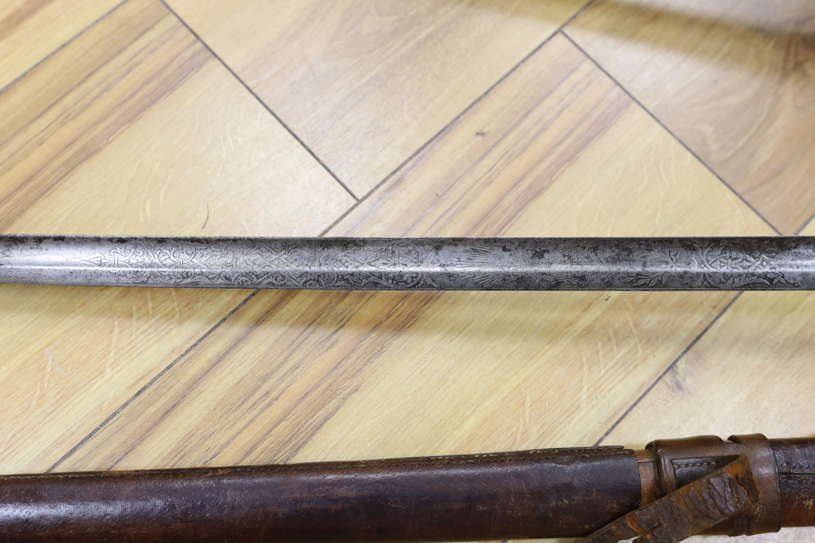 A 19th century Naval sword marked Wilkinson and a Hawks and Co. George V officer's dress sword and two bayonets